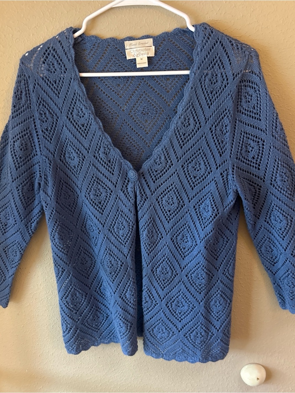 Christopher & Banks Hand Crochet Scalloped trim V-Neck Cardigan Ramie/cotton